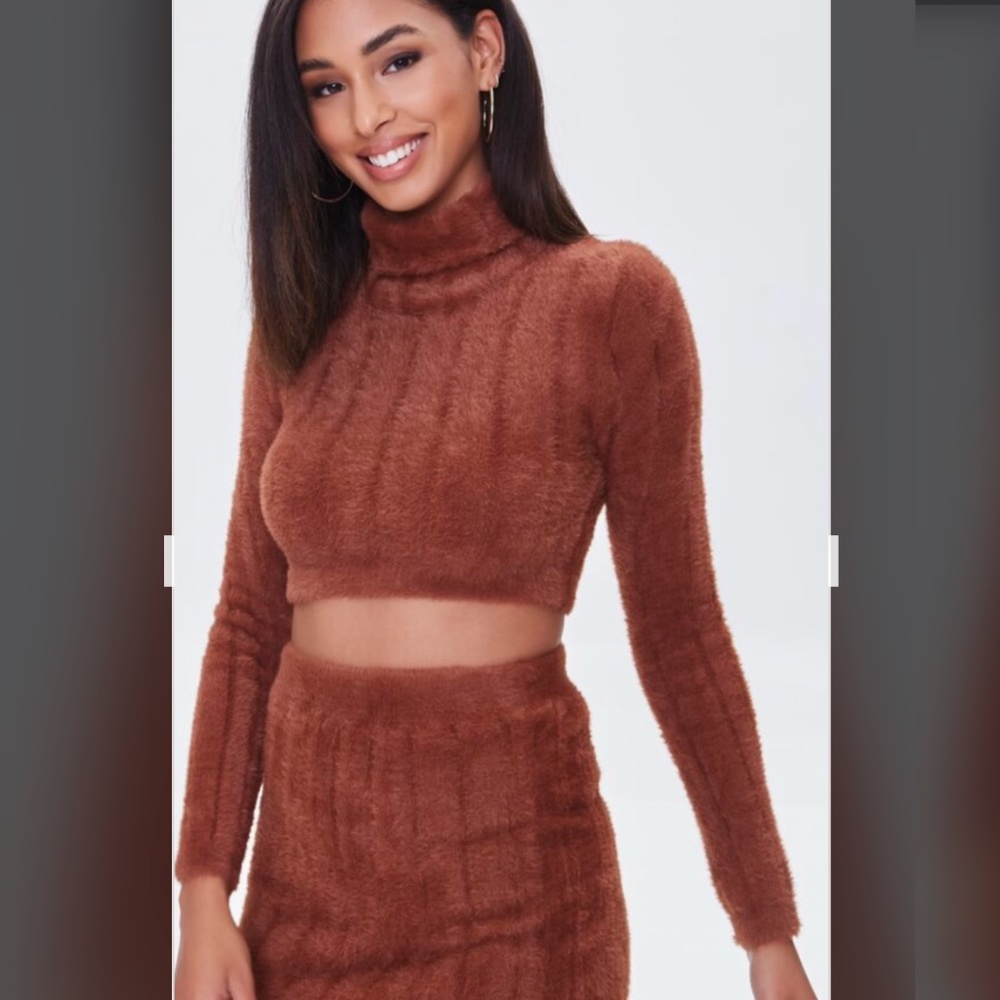 Brown Fuzzy Faux Fur Cropped Top and Skirt Set